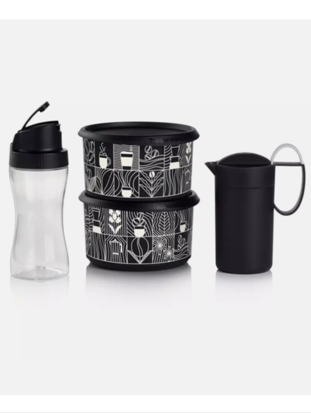 Tupperware Barista Black & White Kitchen Set W/Milk Former & Stackable Canisters